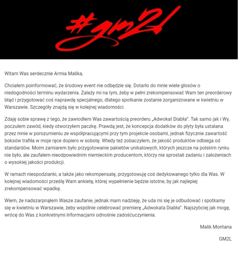 Malik Montana zmienia termin spotkania z preorderowiczami dzień przed