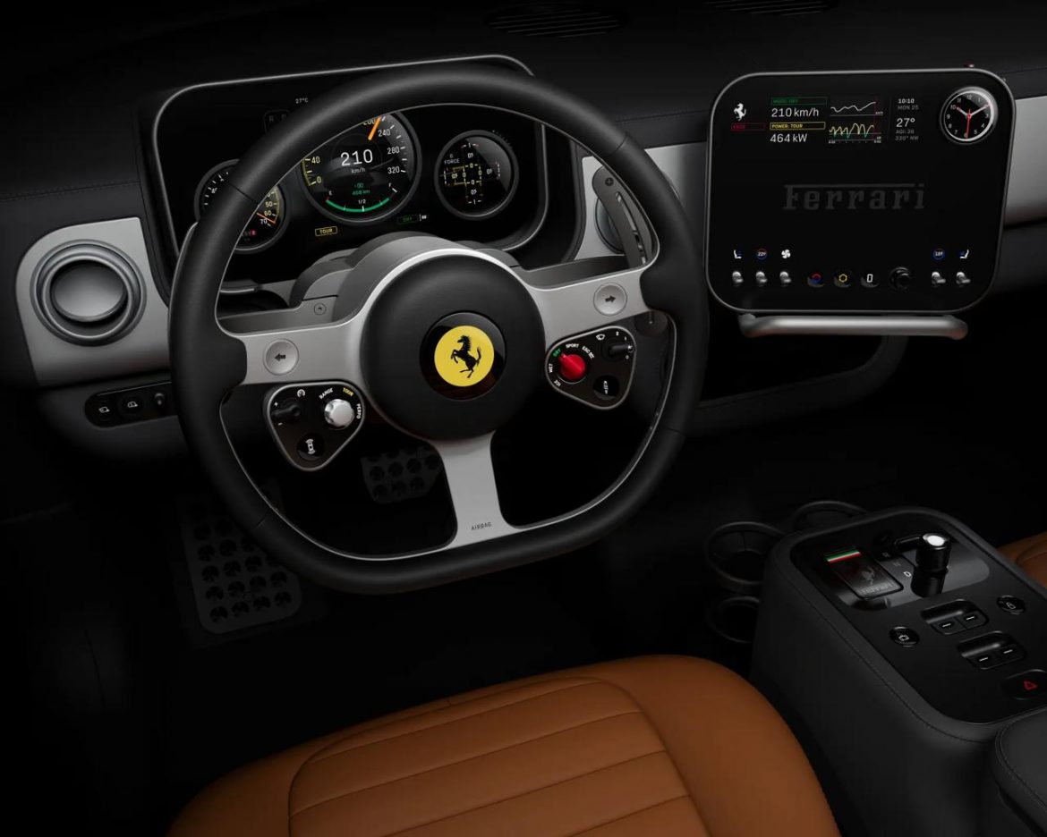 Ferrari Luce – jak wygląda wnętrze pierwszego EV Ferrari z LoveFrom: obrotowy ekran, Gorilla Glass i przyciski na kierownicy